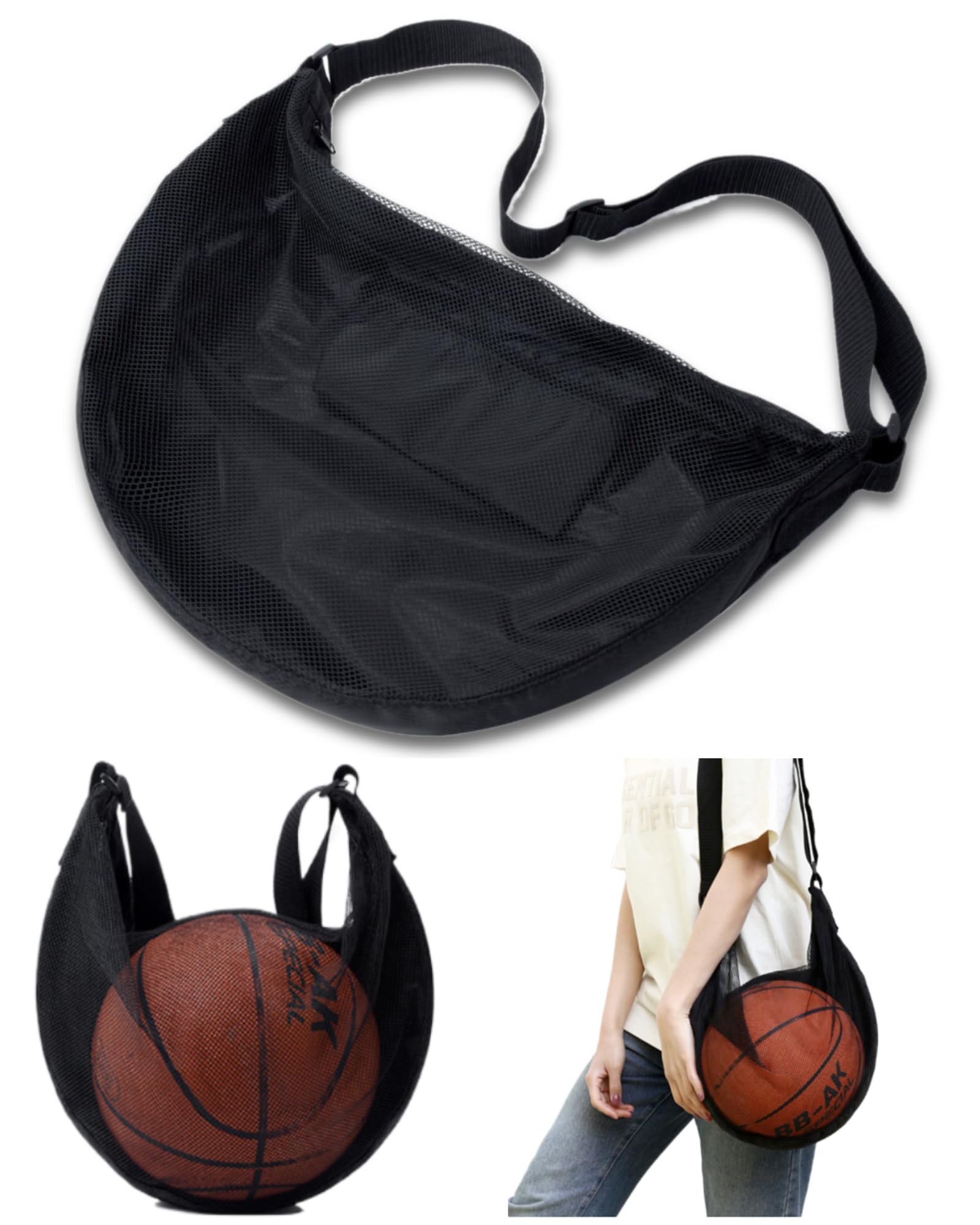 

peron Lightweight Crossbody Mesh Ball Bag for Basketballs, Soccer Balls, and Volleyballs (Black)