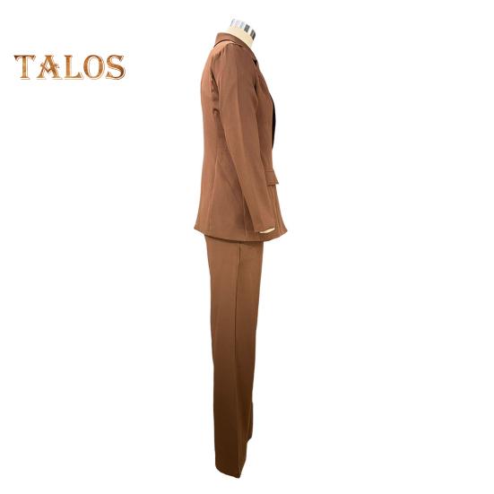 2 Pcs/Set Women Suit Coat Pants Set Deep V Neck Lapel Single Button Closure Mid Length Cardigan Long Sleeve Jacket Straight Trousers Lady Formal