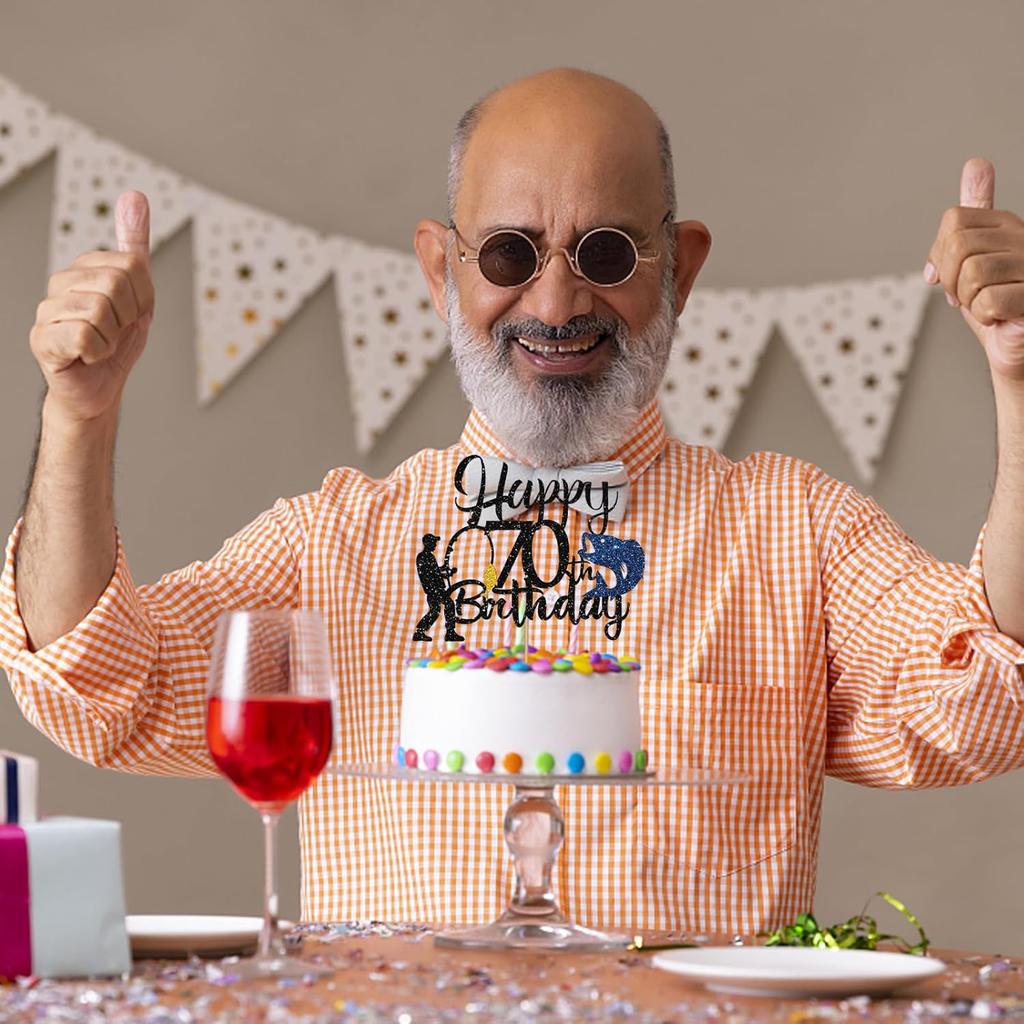Fishing 70th Birthday Cake Topper, Fish Happy 70th Birthday Cake Topper for Men, Fishing Enthusiast 70th Party Decoration, Men's 70th Birthday Party