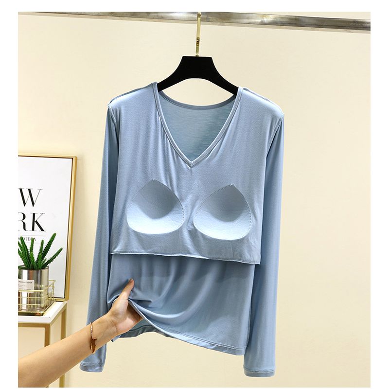 With Chest Pad Modal Long Sleeves Shirt Women Autumn Loose V-neck All-Match Casual Bottoming Shirt Thin Plus Size Top
