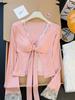 Women's Lace Splicing V-Neck Long Sleeve Layered T-Shirt with Chest Pads