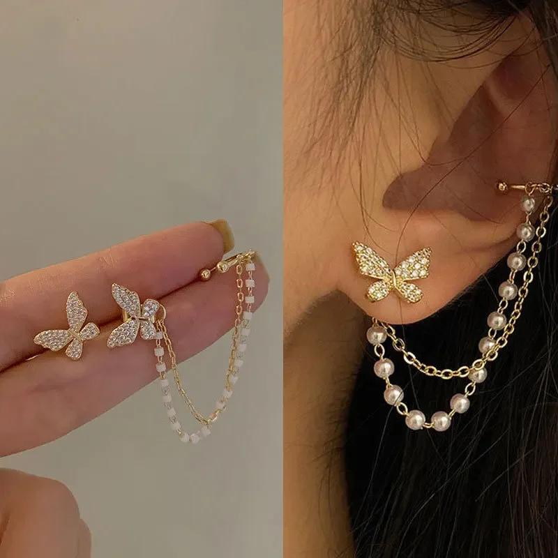 Korean 2025 Trendy Long Wire Tassel Thread Chain Butterfly  Earrings For Women Girls Cute Elegance Fashion Gift Shining Earrings