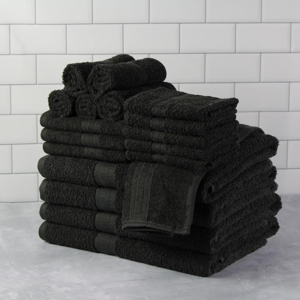 18 Piece 100% Cotton Towel Set, 4 Bath , 4 Hand and 10 Washcloths, Super Soft and Highly Absorbent Basic Solid Towel Set,Black