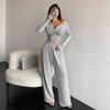 Women Sexy Fitted V Neck Long Sleeve Cropped Top Wide Leg Pants Casual Two Piece Set