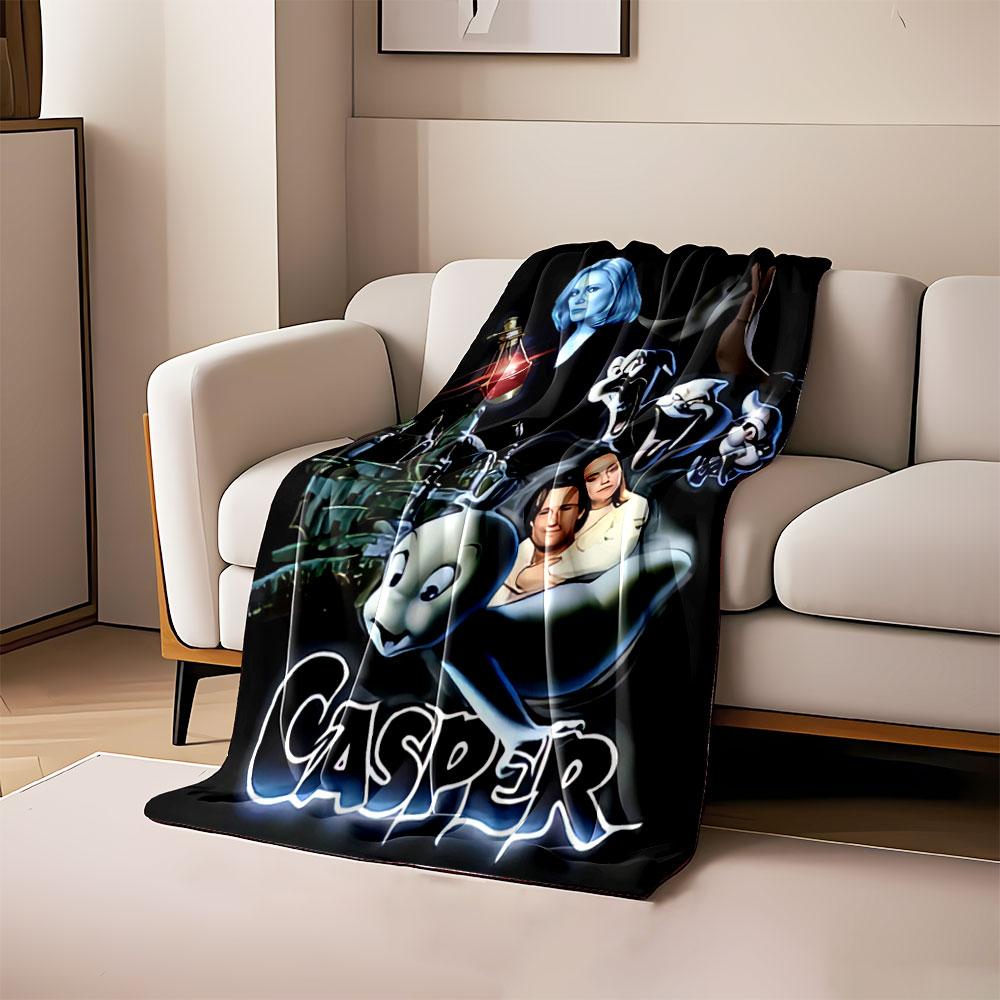 Cartoon ghost, haunted mansion, characters, and glowing title "Casper". for all seasons blanket lunch break throw gift