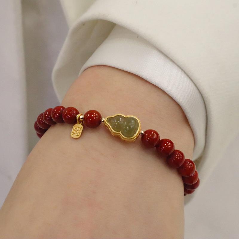Lucky Imitation of Hotan Jade Cinnabar Red Gold Color Bead Natural Stone Beaded Bracelet for Women Bracelet Party Good Luck Gift