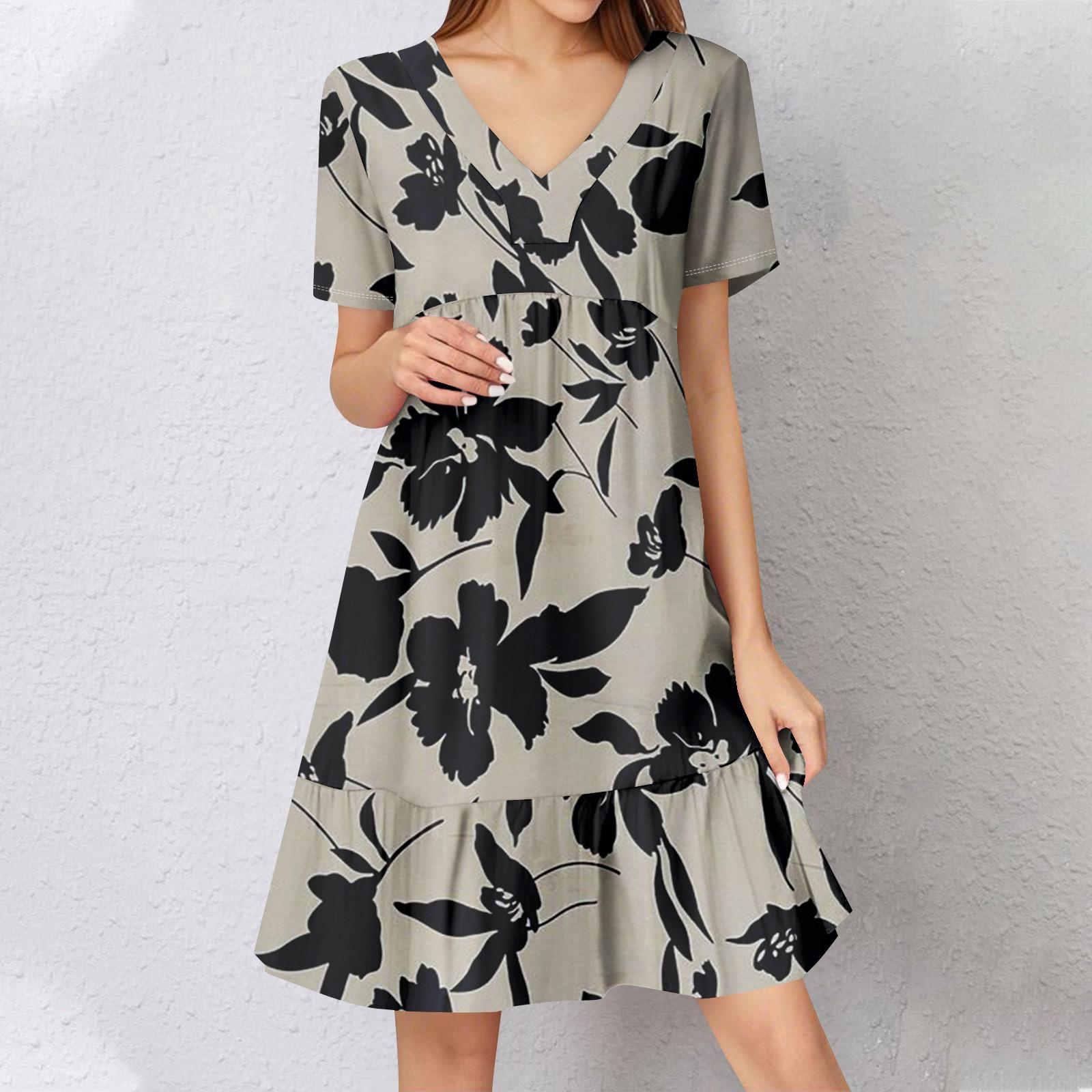 

Женское летнее платье с коротким рукавом и V-образным вырезом, короткие платья, модное повседневное струящееся бохо-платье с оборками, А-силуэт, свободное платье-халат L чёрный