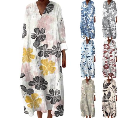 Damen Freizeitmode V-Ausschnitt Langarm Maxikleid mit Blumendruck