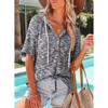 2026 Women's Clothing Summer New Waffle Knit Button V-Neck Drawstring Hooded Short Sleeve Top