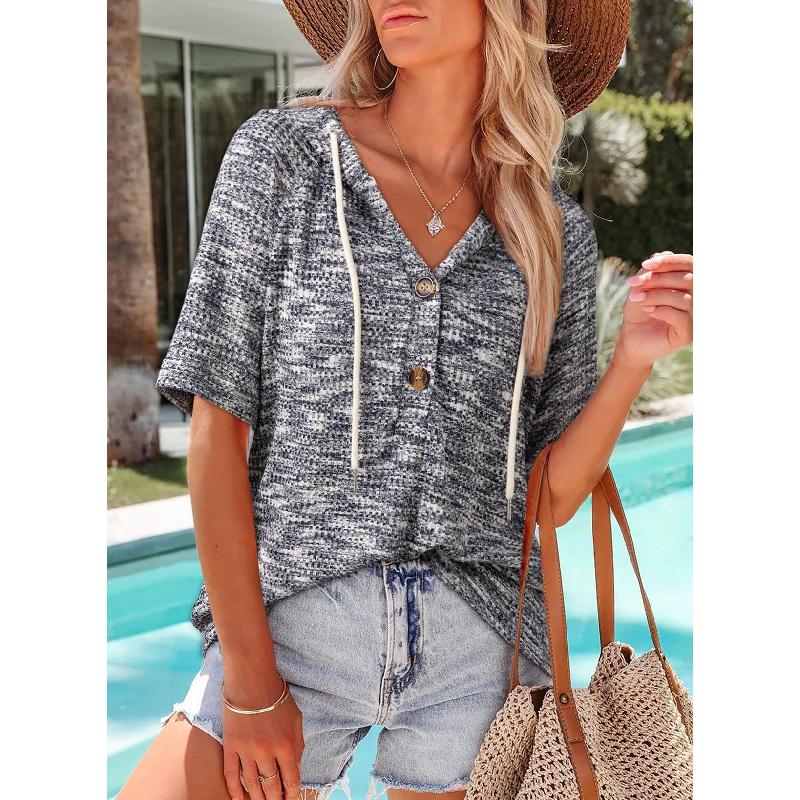 2026 Women's Clothing Summer New Waffle Knit Button V-Neck Drawstring Hooded Short Sleeve Top