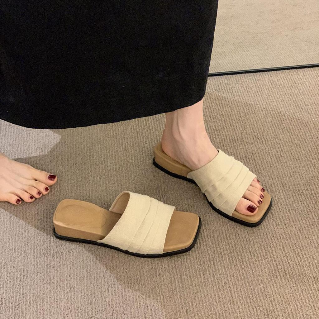 Wedge heel platform linen slippers women's summer wear new holiday with skirt one-word drag retro beautiful square head sandals