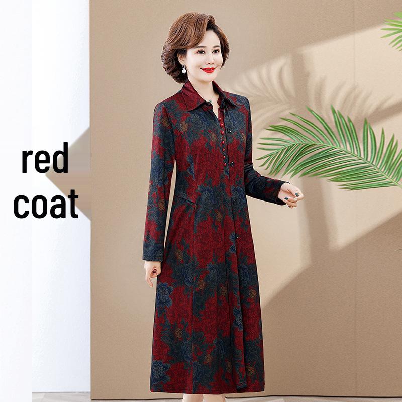 Elegant Autumn Trench Coat Dress Set for Mature Women: Long-Sleeved, Over-the-Knee Two-Piece with Stylish Design