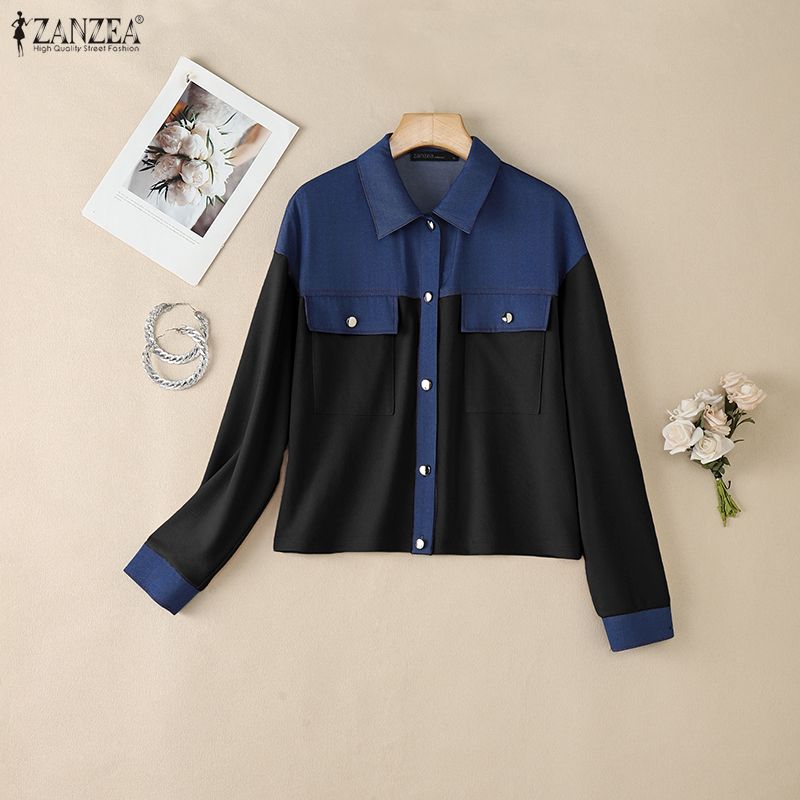 ZANZEA Dámská patchworková halenka s dlouhým rukávem s dlouhým rukávem