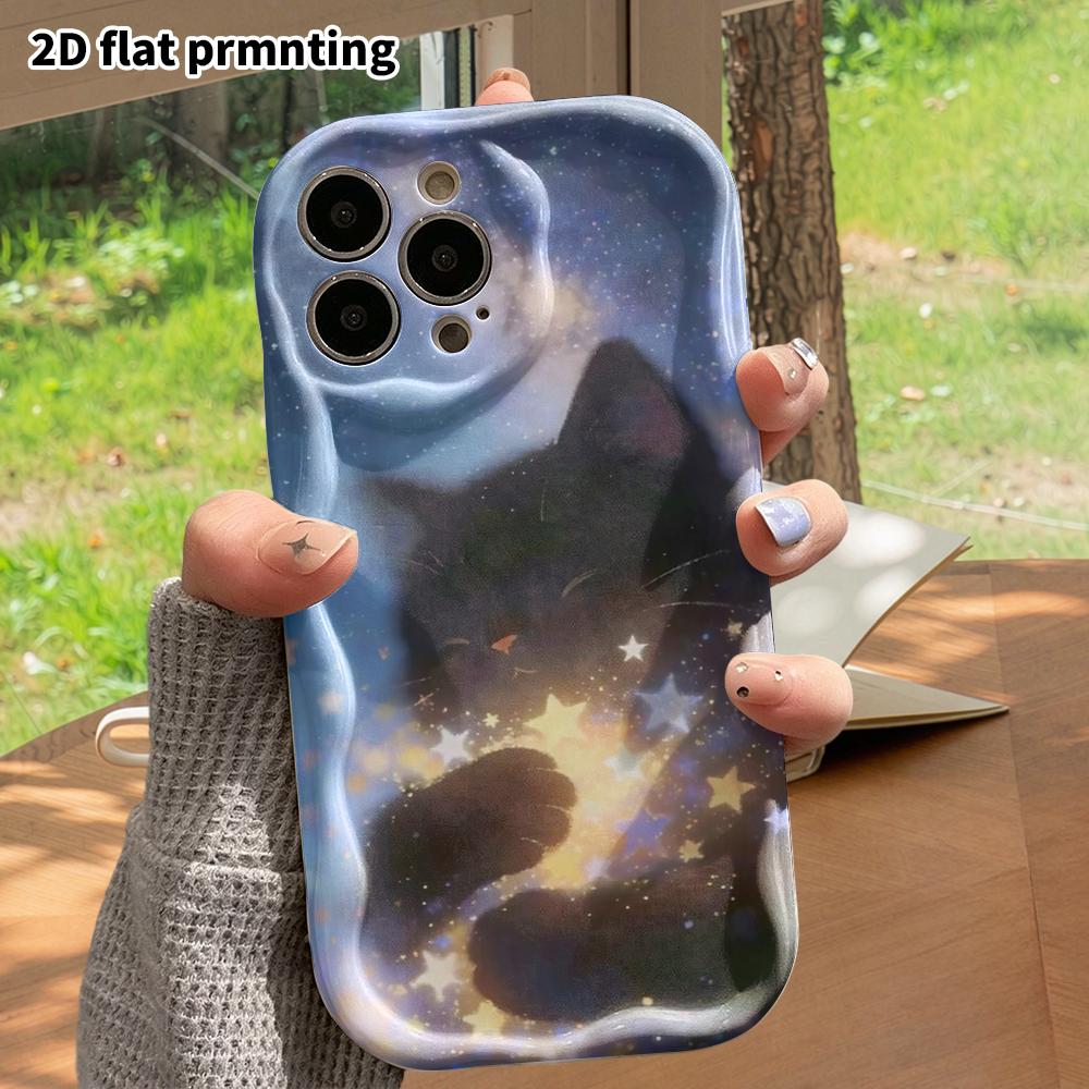 Phone Case: 2D Flat Design Suitable for iPhone 18 17 16 15 14 13 Pro Protective Case, Holding a Little Black Starry Cat, Perfect Christmas and Hallowe
