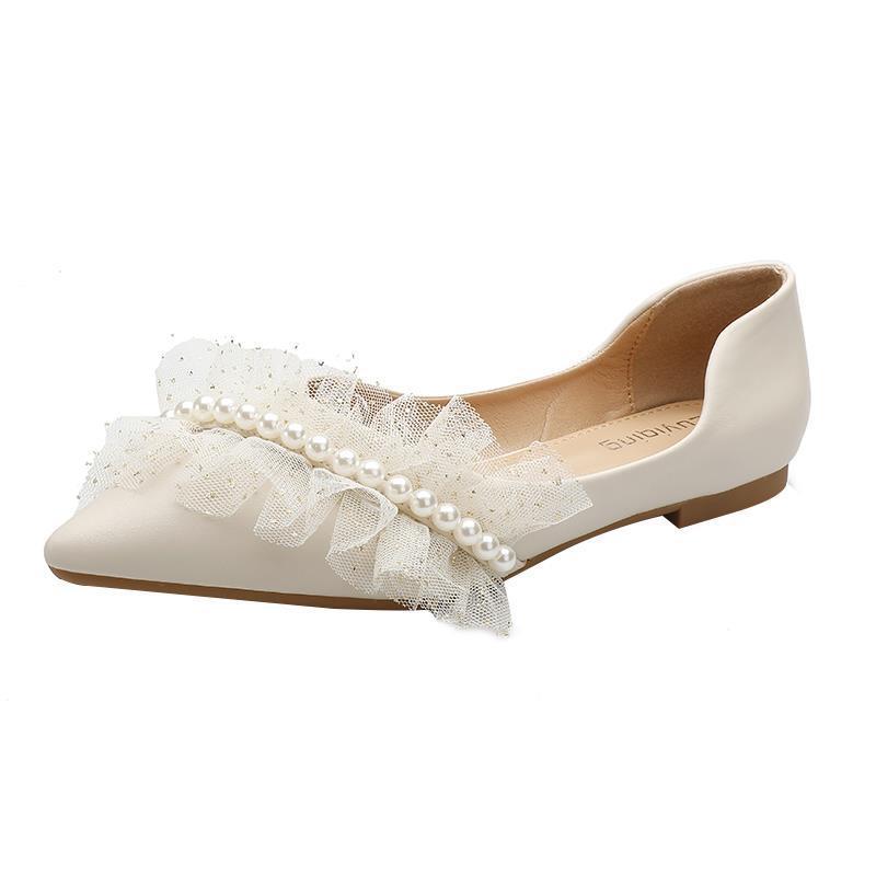 Pointed Flat-soled Single Shoes Spring and Autumn Fairy French Small Fragrant Wind Pearl Wedding Shoes Are Not Tired of Feet Soft Leather Soft Sole La