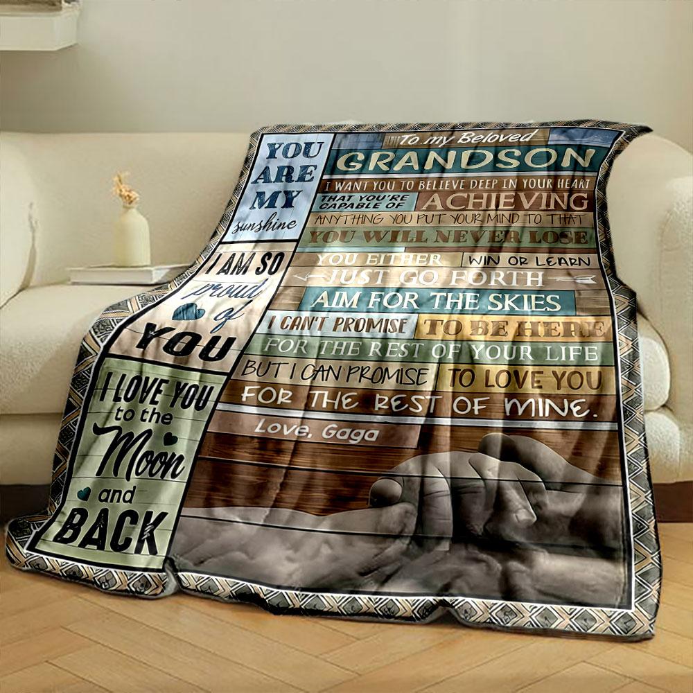 To My Beloved Grandson Letter Printed Warm Blanket bedroom Blanket for Livingroom Couch lunch break Soft throw for Friend's festival Gift