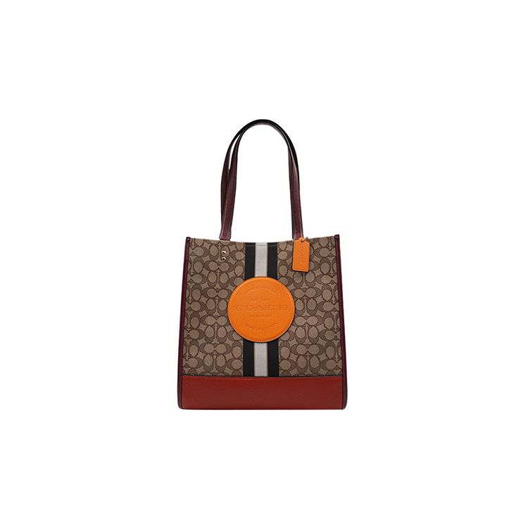 

Coach Dempsey 30 Monogram Stripe Logo Decor Vertical Fabric And Leather Tote Bag Women tote bags Red-Orange Brown 1917-IMQZV Basic Set (Bag+Dust Bag)