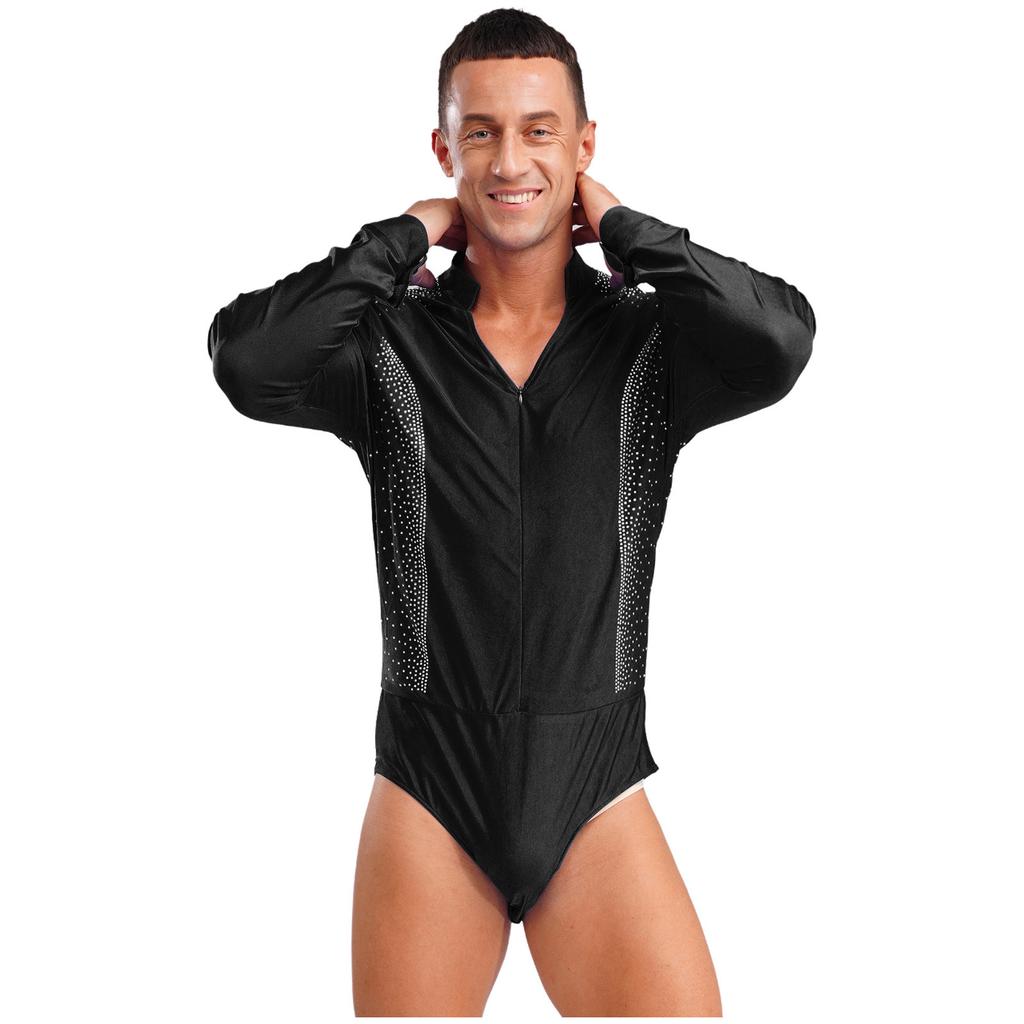 Mens Figure Skating Latin Dance Bodysuit V Neck Long Sleeve Sparkling Rhinestones Stage Performance Leotard