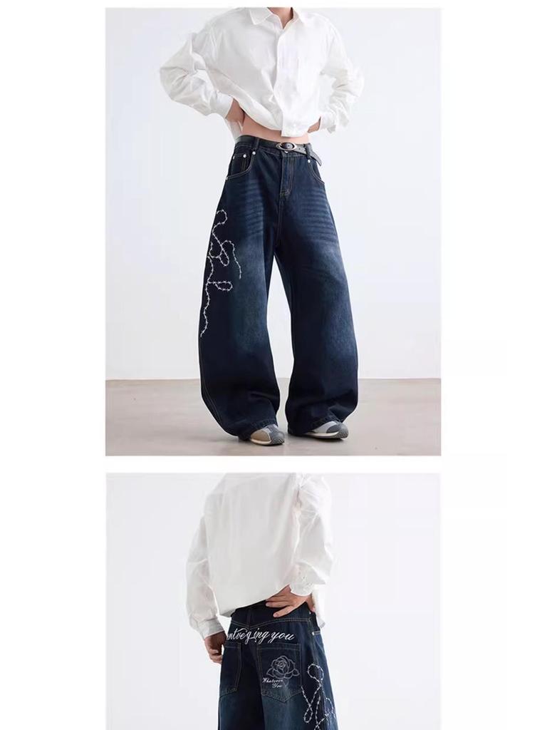 Unisex Retro Rose Embroidered Wide-Leg Jeans