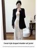 Women's Black Regular Fit Shoulder Suit Jacket - Autumn/Winter Loose Casual Korean Style with High-End Feel