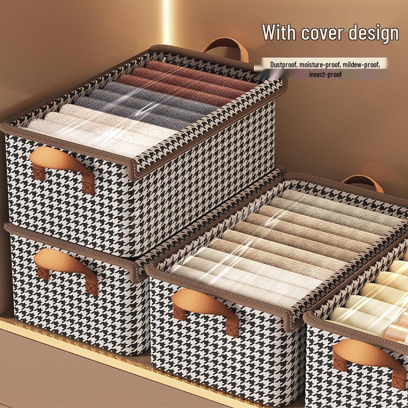 Houndstooth Foldable Quilt Storage Box with Lid - Large Wardrobe Bin for Clothes & Pants.
