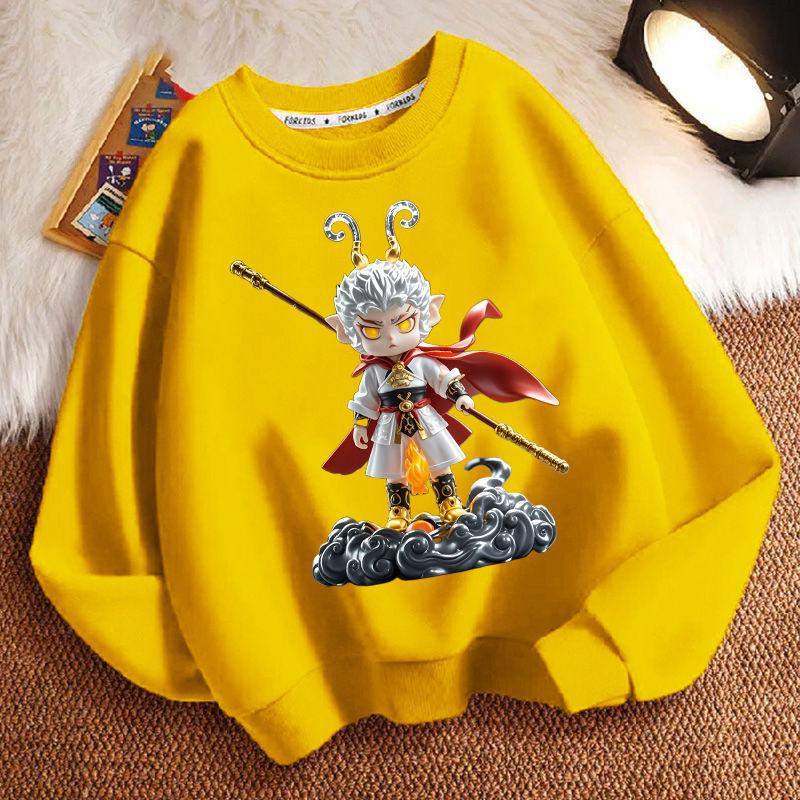 Cute Black Mythological Wukong Round-neck Hoodie for Children, Fashionable Long-sleeved Hoodie for Boys and Girls In Spring and Autumn