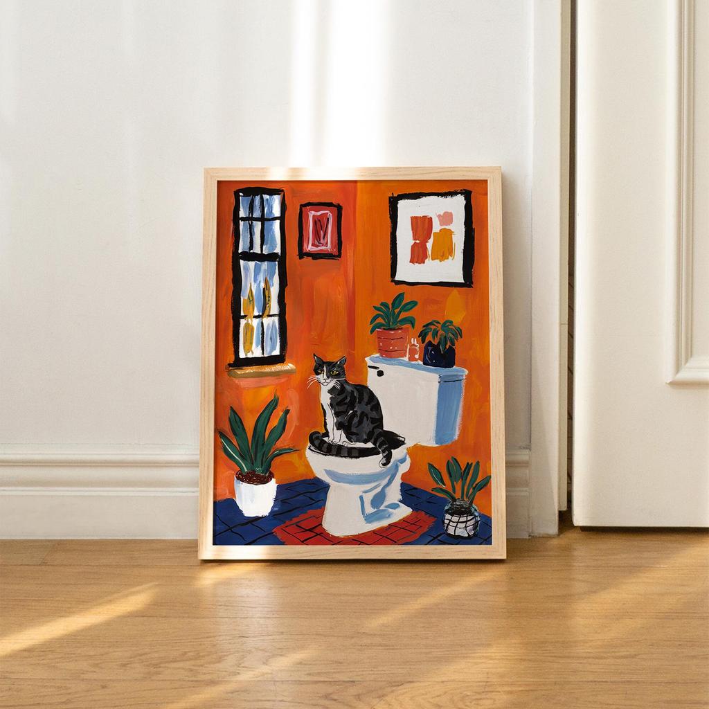 Bath Cat Print Matisse Funny Poster Pooping Pictures Orange Toilet Wall Decor Toilet Bathroom Bathtube Canvas Painting Decor