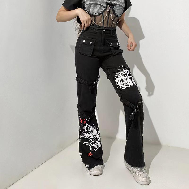 2023 Spring/Summer Chic European-American Print Metal Buckle Denim Draping Pants