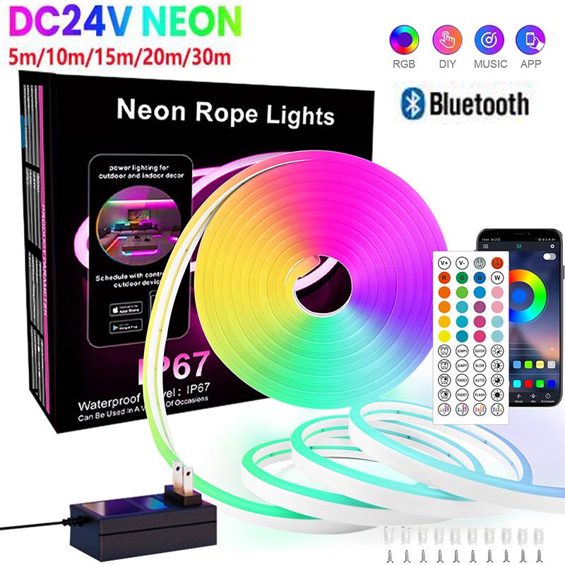 DC24V 3535 RGB LED Neon Rope Lights Color Change Music Sync Control with App/Remote Waterproof Flexible Lamp for Indoor Outdoor