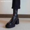 Klobige Plateau-Stiefeletten für Damen aus Leder mit mittelhohem Absatz, Designer-Schuhe, Trend, Wintermode, Pumps, klassisch, Goth, Botas de Mujer