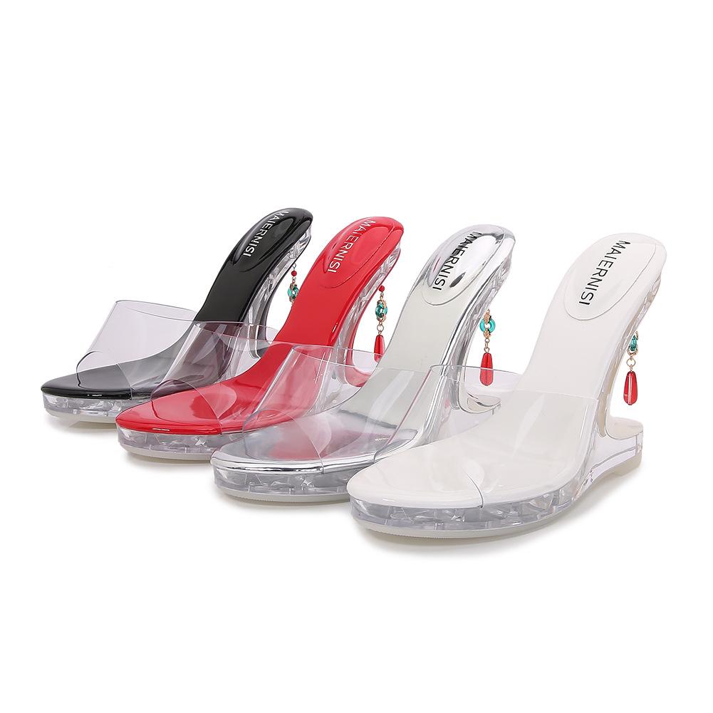 Thick-soled Transparent Waterproof Table High-heeled Cool Slippers Special-shaped Heel Outer Wear Crystal Princess Wedge Heel Women's Shoes College