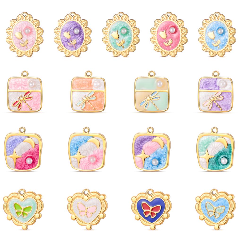 6Pcs/lot Enamel Cherry Butterfly Star Flower Charms For Women Stainless Steel Jewelry Making DIY Necklace Bracelet Accessories
