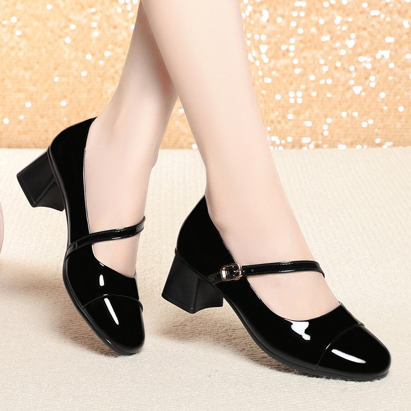 5cm British Style Shalow Mouth Bright Leather Mary Janes Women Pumps 2025 Fall Med Block Heels Shoes for Office Mom Daily Work