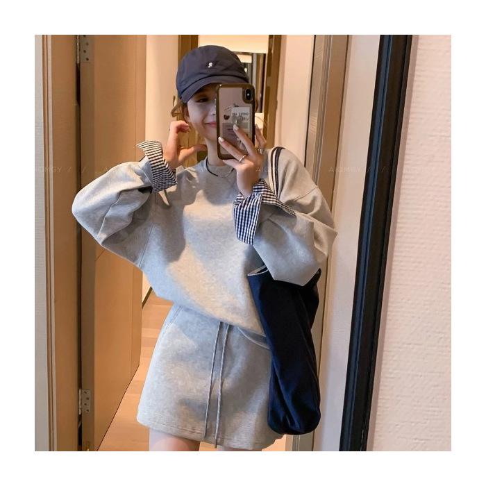 300g Baumwollmischung Britischer Stil Zweiteiler: Früher Herbst Sweatshirt & Kurzer Rock