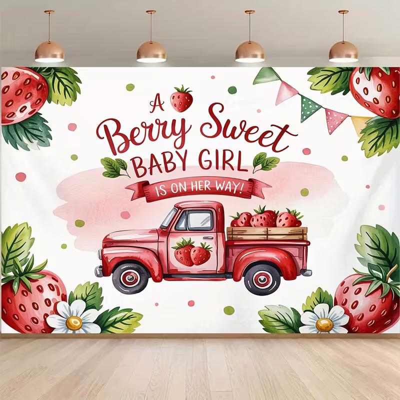

2D Berry Sweet Baby Girl Backdrop Strawberry Truck Baby Shower Photography Background 47.2x31.5inch/120*80cm