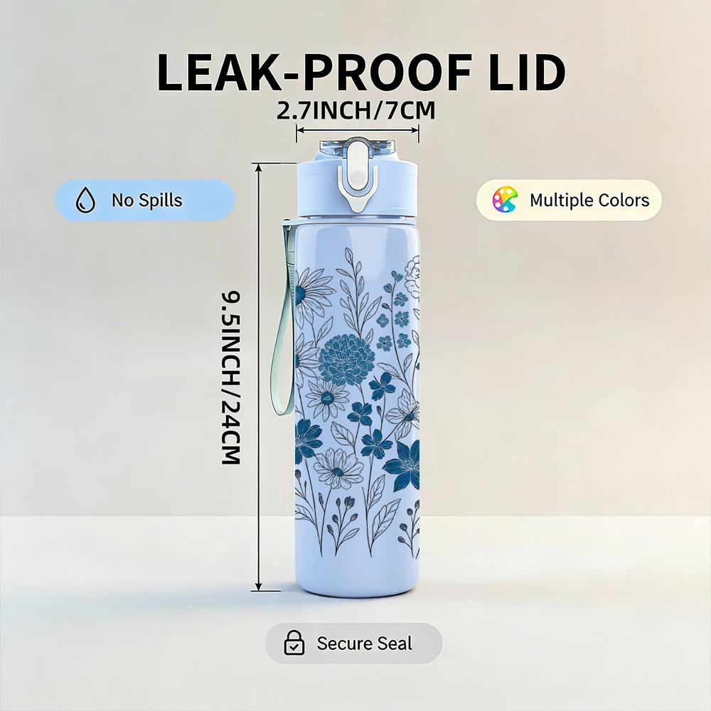 1PC Blue Tone Floral Arrangement 750ml Color Plastic Sports Water Bottle Leakproof Flip Straw Lid Suitable for Sports Office Home Use