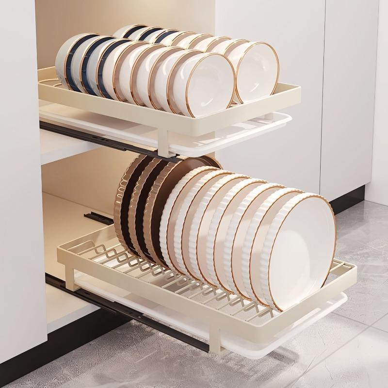Pull-out Dish Rack Cabinet Built-in Multi-functional Integrated Bowl Rack Removable Drain Tray Kitchenware Rack