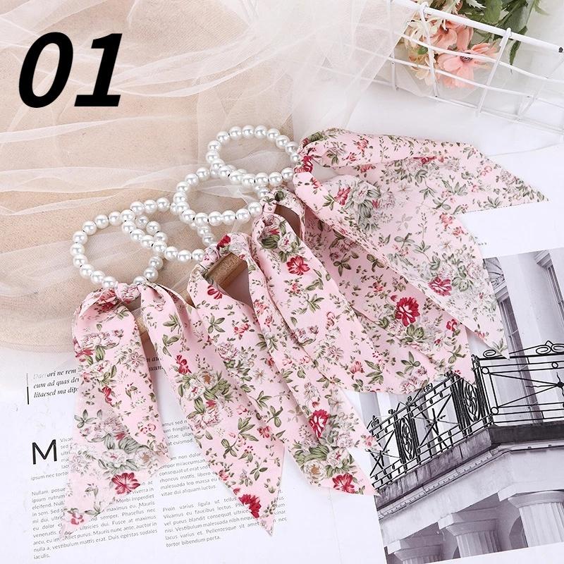 Woman Hair Scarf Ribbon Pearl Ties New Korean Style Hairband Scrunchies Girls Ponytail Holders Rubber Band Hair Accessories