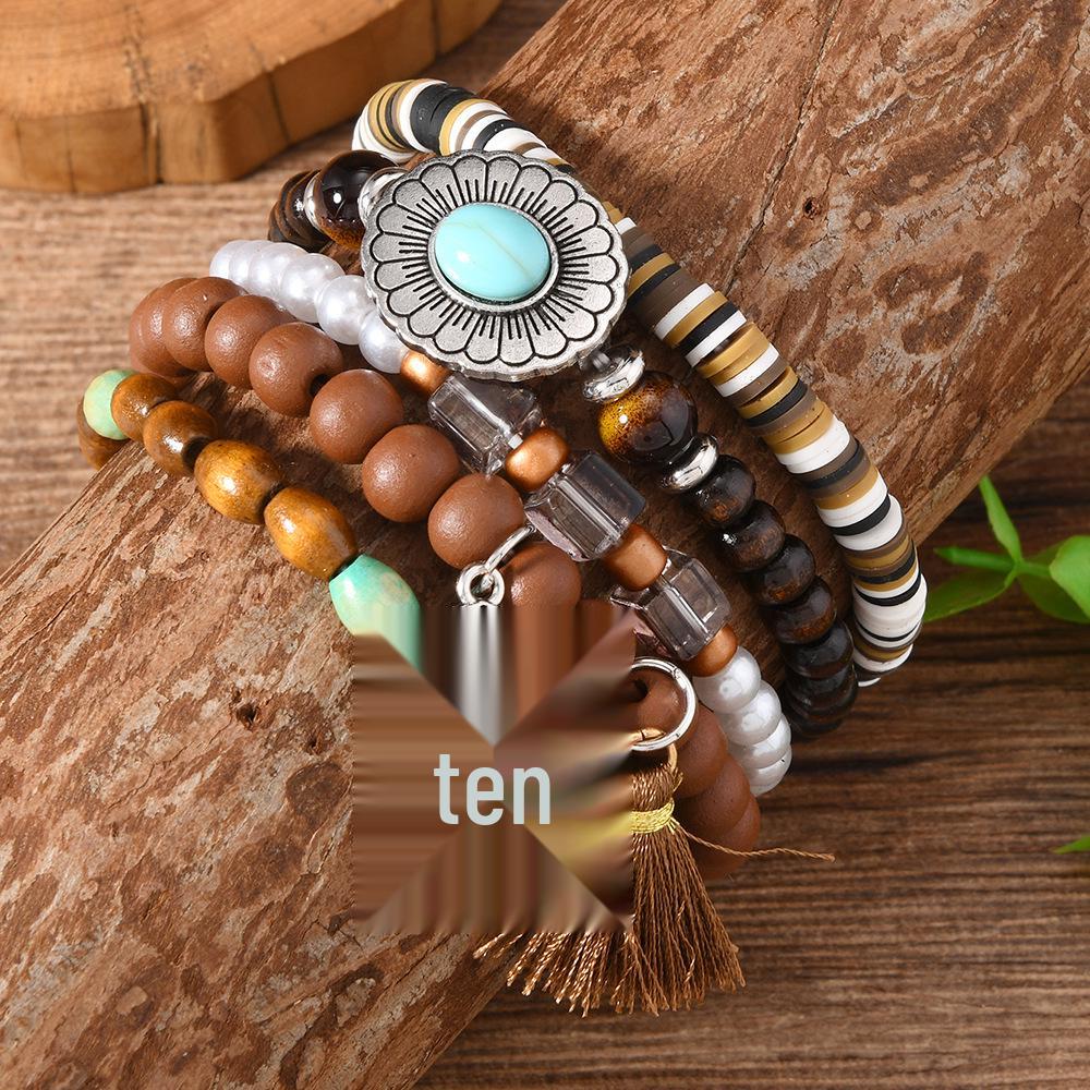 Bohemian Retro Flower Tassel Beaded Bracelet Set - 5-Piece Elastic Cord with Wood Beads