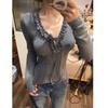 Gray Lace Trim V-Neck Tie-Up Long Sleeve T-Shirt for Women, Slim Fit Plus Velvet Inner Layer, Autumn/Winter High-End Feel