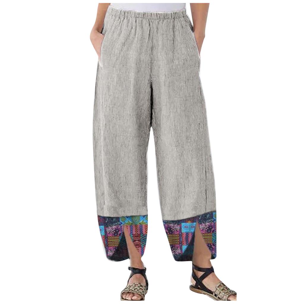 Women Cotton Linen Print Irregular Elastic Waist Casual Loose Wide Leg Pants