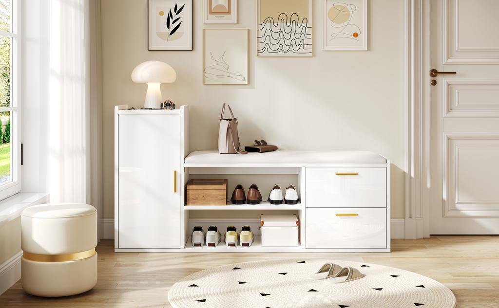 Scarpiera 128*30*68cm con 2 Cassetti 1 Armadietto, Panca Scarpiera Laccata Lucida con Imbottitura e Contenitore, Adatta per Soggiorno, Ingresso, Ufficio, Bianca