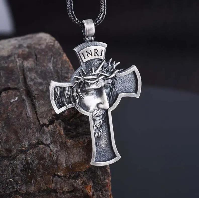 Retro Christus Jezus Kruisbeeld Hanger Ketting Metalen Ketting Zwaar Sieraden Cadeau Religieus Christelijk Doornenkroon Grote Hanger gray