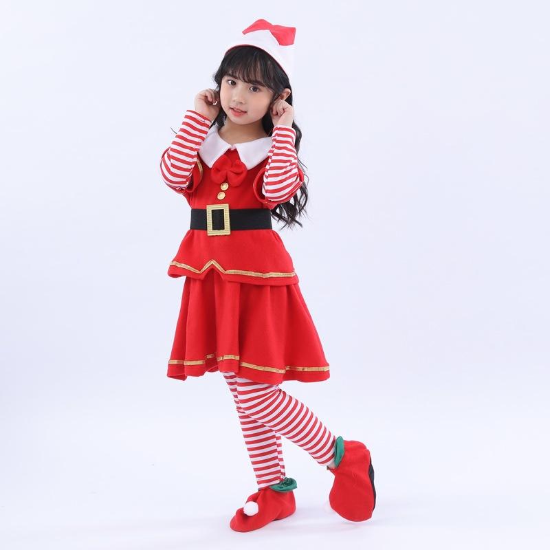 6 Pieces Christmas Elf Costume Red Shawl Winter Girls Boys Clothes With Hat For Christmas Eve Party New Year Children Outfit Set