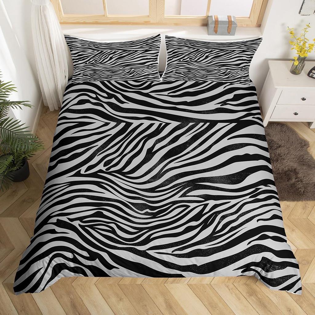 Zebra Print Duvet Cover Twin Wild Animal Theme Bed Set Safari Wildlife Fur Comforter Cover Abstract Geometric Stripe Bedding Set
