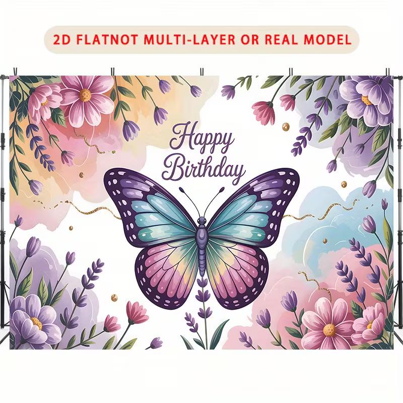2D Elegant Butterfly Floral Happy Birthday Backdrop Watercolor Party Background