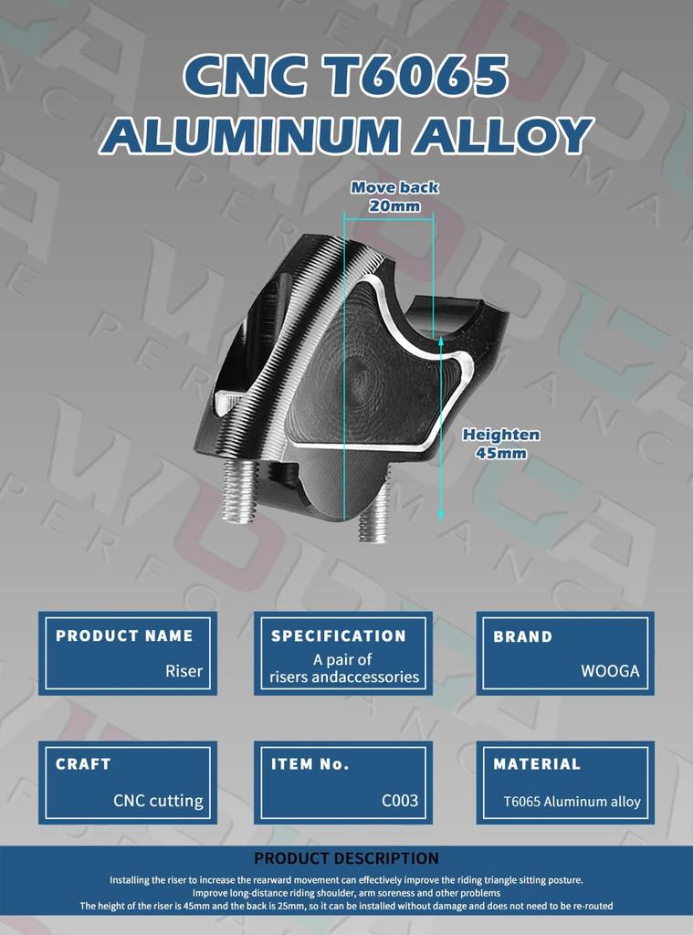 WOOGA Motorcycle Handlebar Risers 45mm Lossless Mount Aluminum Handlebar Raise 25mm Rearward Handlebar Height Up Adapter Fits Honda Rebel CMX 1100 CMX