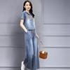 Summer Denim Wide Legged Pants Set Women's Hooded Letter Cowboy Top+Trousers Female Fashion Casual Two Piece Sets