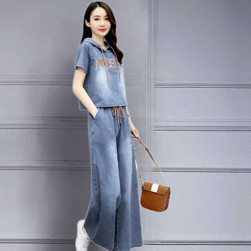 Summer Denim Wide Legged Pants Set Women's Hooded Letter Cowboy Top+Trousers Female Fashion Casual Two Piece Sets