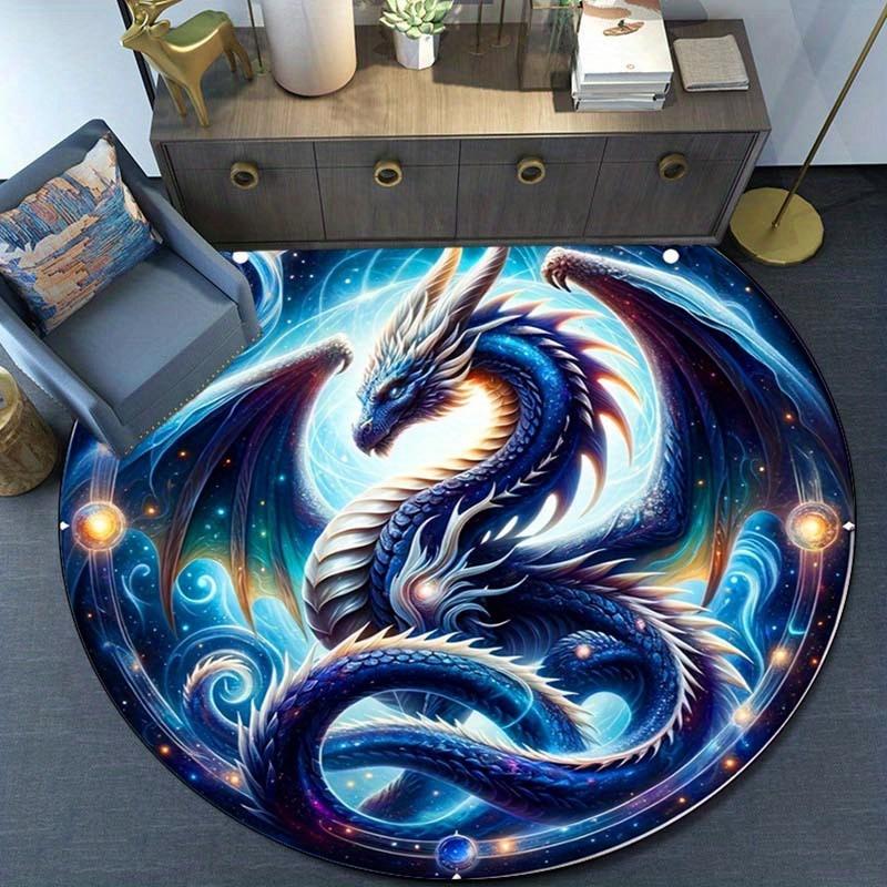 Blue Dragon Galaxy Cosmic Round Rug Fantasy Mythical Creature Crystal Velvet Carpet for Bedroom Living Room Gaming Room Decor